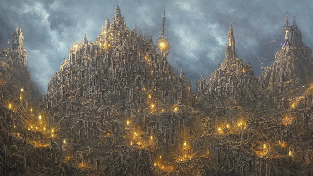 Prompt: an oil painting in the style of alan lee of a steampunk minas tirith