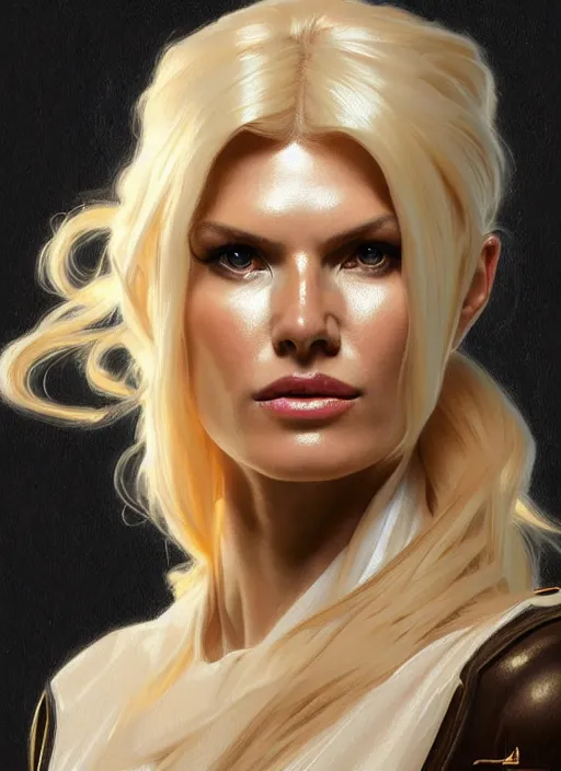 Image similar to portrait of victoria silvstedt as a lady, collar and leash, leather, greek, intricate, headshot, highly detailed, digital painting, artstation, concept art, sharp focus, cinematic lighting, illustration, art by artgerm and greg rutkowski, alphonse mucha, cgsociety