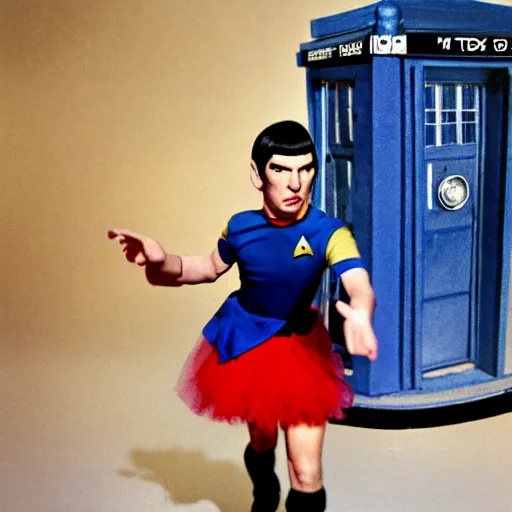 Image similar to color photo of spock in a tutu exiting the tardis