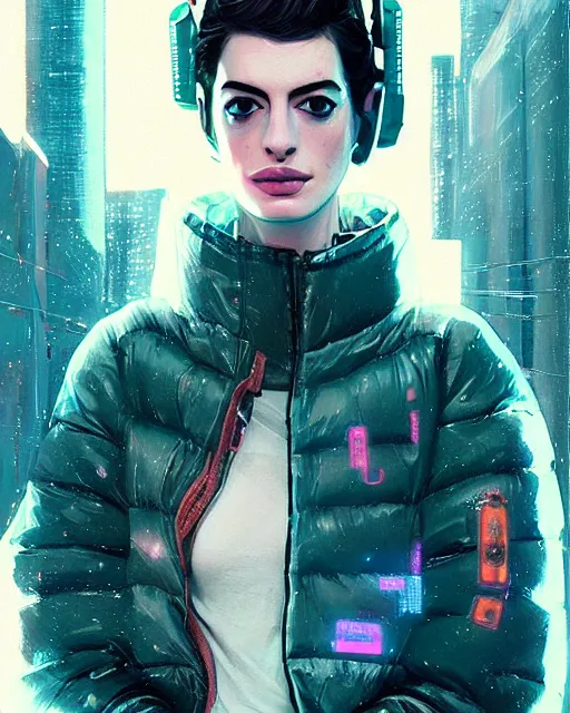 Prompt: detailed portrait Anne Hathaway Neon Operator Girl, cyberpunk futuristic neon, reflective puffy coat, decorated with traditional Japanese ornaments by Ismail inceoglu dragan bibin hans thoma greg rutkowski Alexandros Pyromallis Nekro Rene Maritte Illustrated, Perfect face, fine details, realistic shaded, fine-face, pretty face