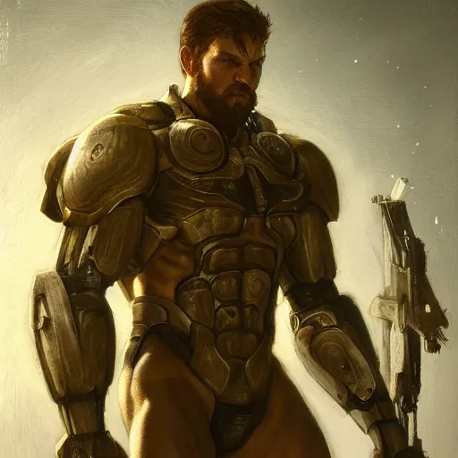 Image similar to handsome portrait of a spartan guy bodybuilder posing, radiant light, caustics, war hero, metal gear solid, ghost in the shell, by gaston bussiere, bayard wu, greg rutkowski, giger, maxim verehin