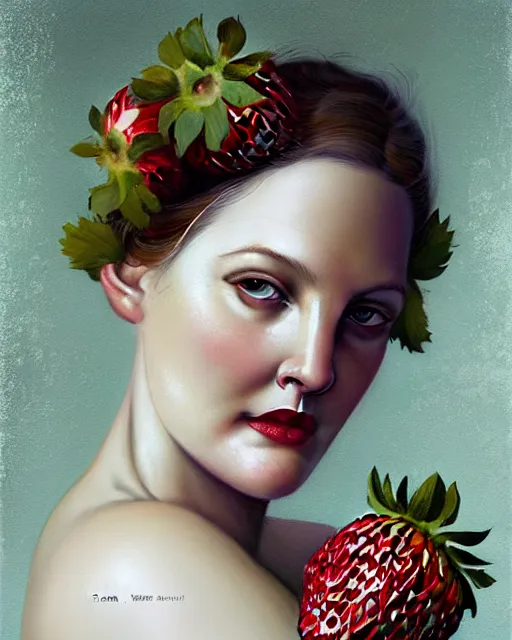 Image similar to beauty portrait, drew barrymore, strawberries, headgear leaves, wild berries, by tom bagshaw, greg rutkowski, ilya kuvshinov, craig mullins, intricate background. sharp focus, award winning, luminous