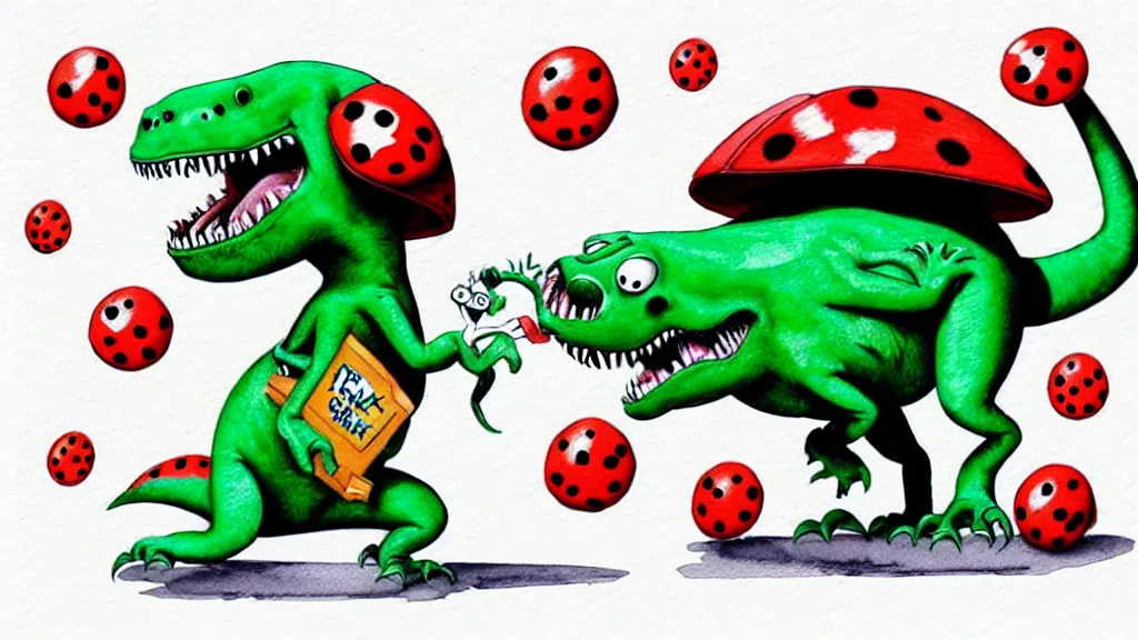 Prompt: cute and funny, t - rex wearing a t - shirt dancing with a ladybug of the same size, ratfink style by ed roth, centered award winning watercolor pen illustration, isometric illustration by chihiro iwasaki, edited by range murata, tiny details by artgerm and watercolor girl, symmetrically isometrically centered