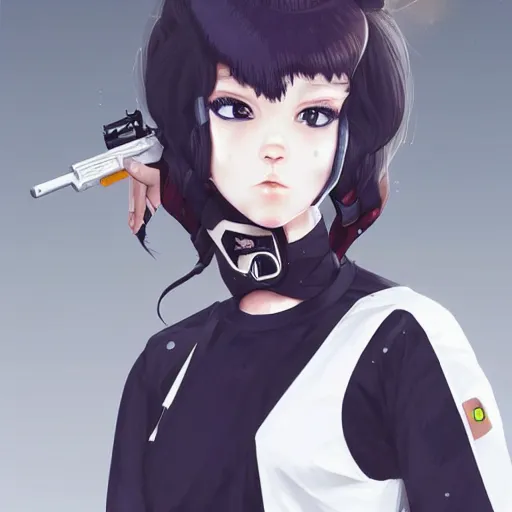 Prompt: poster art girl with futuristic streetwear, cute face, pretty, Anime, posing with a gun in the style of Valorant by Cushart Krentz, Fierce expression 4k, 8k, HDR, Trending on artstation, Behance, Pinterest