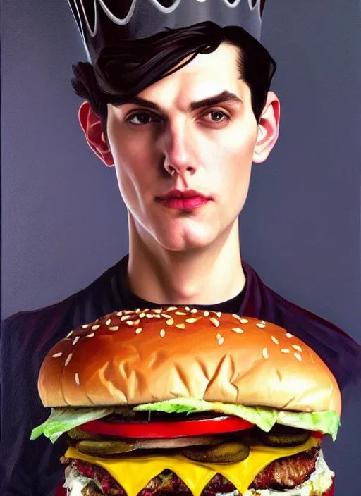 Image similar to oil painting, jughead jones has a really long nose, he wears a light grey crown, and devours a hamburger, intricate, elegant, highly detailed, lighting, painting, artstation, smooth, illustration, art by greg rutowski and alphonse mucha