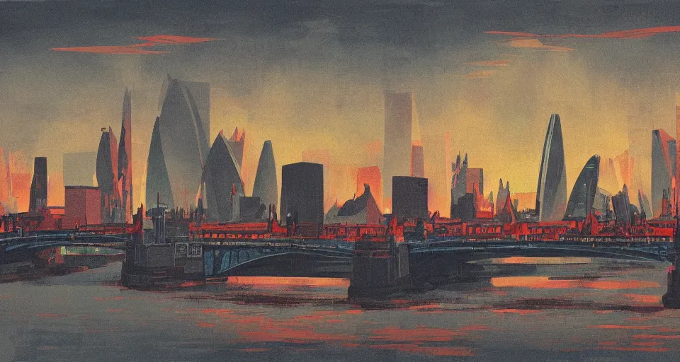 Image similar to color sketch of the london skyline, highly detailed, dramatic lighting, intense shadows, rich deep colours, by feng zikai yun shouping