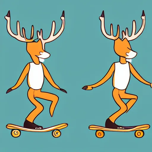 Prompt: Anthropomorphic deer person performing tricks on a skateboard, simple digital art