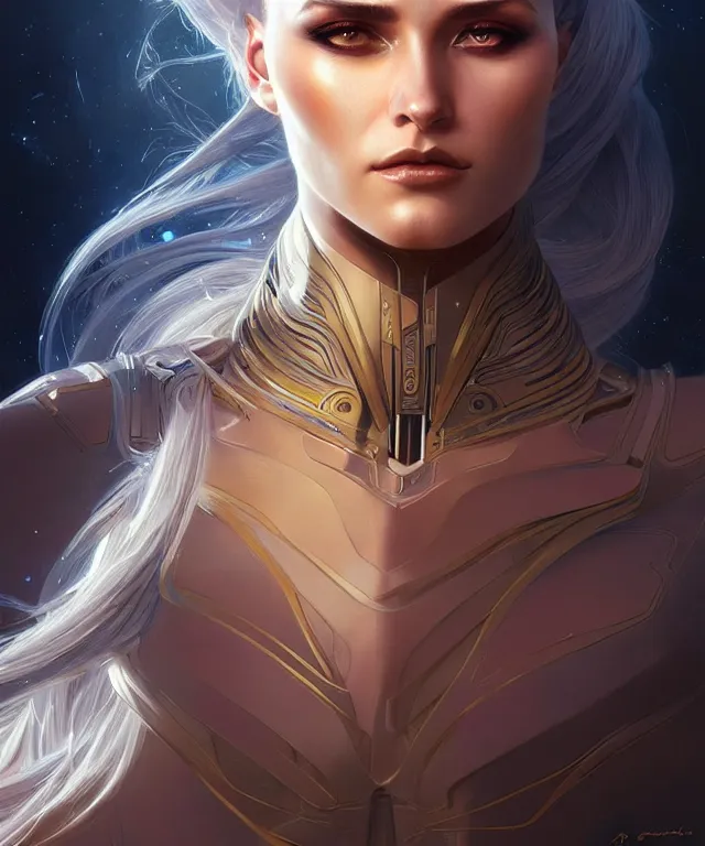 Image similar to futuristic woman portrait, sci-fi, amber eyes, face, long hair, fantasy, intricate, elegant, highly detailed, digital painting, artstation, concept art, smooth, sharp focus, illustration, art by artgerm and greg rutkowski and alphonse mucha