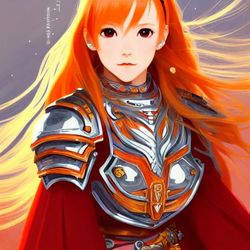 Image similar to Asuna Yuuki, Portrait of a young woman with blonde orange hair wearing a partial paladin armor with a red skirt and white top, face, fantasy, intricate, elegant, highly detailed, digital painting, artstation, concept art, smooth, sharp focus, illustration, art by Fernanda Suarez and Artem Demura and alphonse mucha