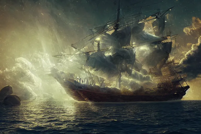 Image similar to an old pirate ship in space, digital painting, volumetric light, intricate