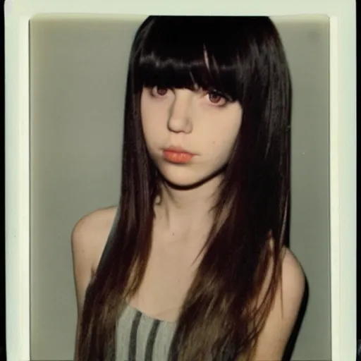 Prompt: polaroid photograph of emo girl, long hair and bangs