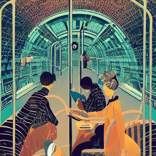 Image similar to parisian subway life, illustration by victo ngai, studio muti, malika favre