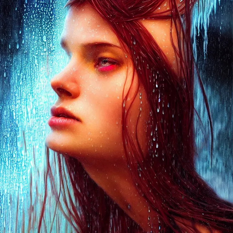 Image similar to bright asthetic portrait LSD glowing backlit rain on face and wet hair, fantasy, intricate, elegant, dramatic lighting, highly detailed, lifelike, photorealistic, digital painting, artstation, illustration, concept art, smooth, sharp focus, art by John Collier and Albert Aublet and Krenz Cushart and Artem Demura and Alphonse Mucha