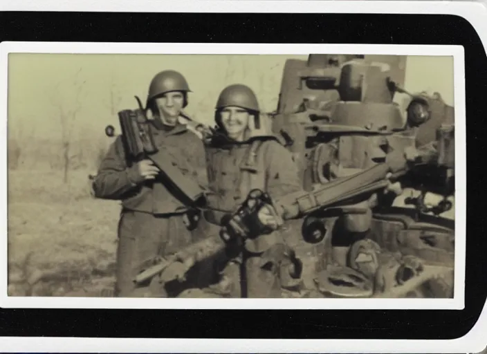 Prompt: found polaroid picture of a world war two 2 with a soviet mech war machine