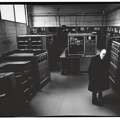 Prompt: grainy underexposed photo of Marcel Duchamp in a machine room full of ancient computers, tri-x, Trent Parke, Rinko Kawaichi, archival pigment print, occult dream, contemporary art