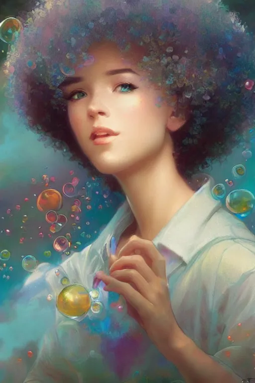 Image similar to bob ross, dreamy and ethereal,, fantasy, intricate, elegant, rainbow bubbles, highly detailed, digital painting, artstation, concept art, smooth, sharp focus, illustration, art by artgerm and greg rutkowski and alphonse mucha