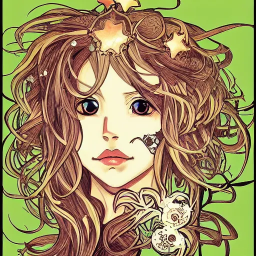 Prompt: anime manga skull portrait girl female lioness skeleton illustration with clouds and stars detailed style by Alphonse Mucha pop art nouveau detailed pattern