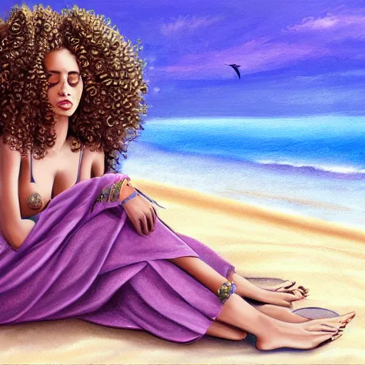 Image similar to a somali woman with curly hair, relaxing on the beach, contemplative, two cats on the beach, muted colours, beautiful, digital painting, illustration, high quality, detailed, dreamy