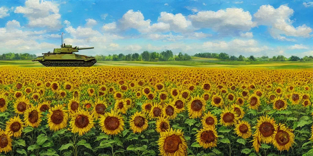 Image similar to an eastern front battlefield landscape, summertime, shell craters, single smoking destroyed tank, sunflower field, digital oil painting