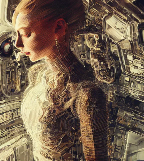 Image similar to hyperrealistic portrait of a woman monster astronaut, sofia coppola, cyberpunk, well lit, intricate abstract. gucci style, intricate artwork, high detail, figurative art, multiple exposure, poster art, 3 d, by stanley kubrick and tooth wu and wlop and beeple, realistic, hyperdetailed, 8 k resolution.