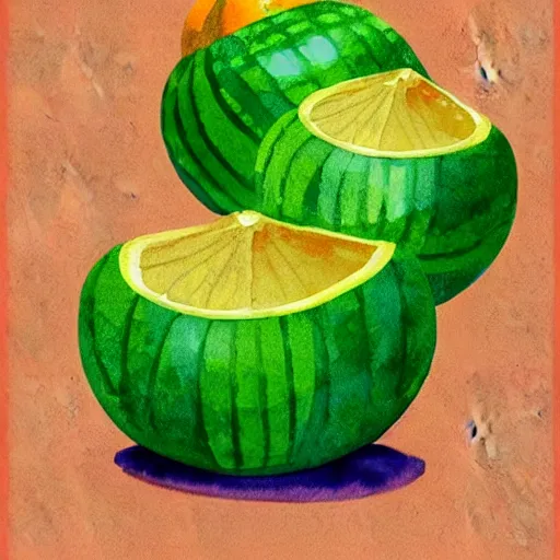 Image similar to retro, hd illustration of watermelons and lemons, mint leaves, inspired by watercolor masterpieces, matisse, colorful, happy, trending on artstation, 4 k