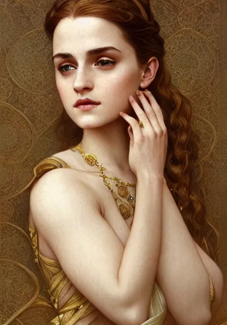 Image similar to sansa emma watson sunny gold, intricate, elegant, highly detailed, digital painting, artstation, concept art, smooth, sharp focus, illustration, art by artgerm and greg rutkowski and alphonse mucha and william - adolphe bouguereau