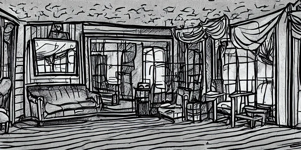 Image similar to a dimly lit, theater dressing room, with a mirror, a chair, a couch, day of the tentacle style, drawn by Peter Chan, 5 point perspective