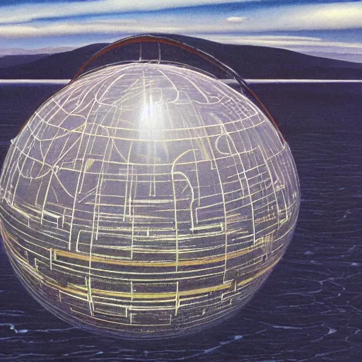 Image similar to a giant metal sphere, adorned with canadian aboriginal patterns, hovering above a lake in Yukon, Ralph McQuarrie, concept art, dramatic perspective.