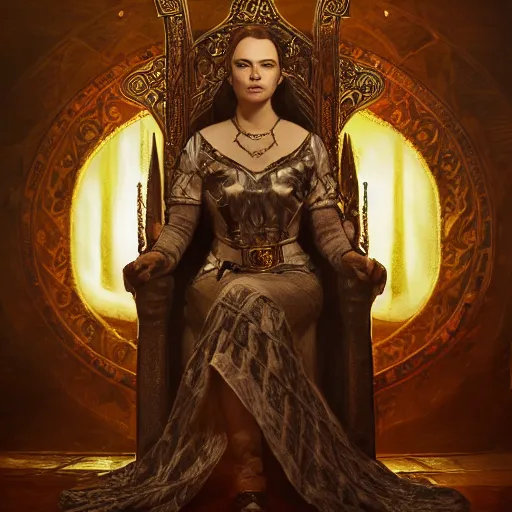 Image similar to the elder scrolls vi, charismatic regal humble brunette female jarl, portrait, throne room, atmospheric lighting, painted, intricate, volumetric lighting, beautiful, daytime, sunny weather, slight overcast, sharp focus, deep colours, ultra detailed, by leesha hannigan, ross tran, thierry doizon, kai carpenter, ignacio fernandez rios