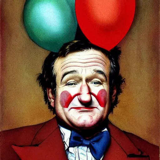 Image similar to Robin Williams as a sad clown painted by Norman Rockwell