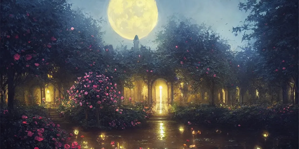 Prompt: A beautiful oil painting of a garden filled with roses and trees, nighttime, bright moonlight, big moon, high contrast colors, magical atmosphere, by greg rutkowski, trending on artstation