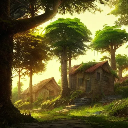 Image similar to concept art painting of houses made out of trees, in a deep forest, realistic, detailed, cel shaded, in the style of makoto shinkai and greg rutkowski and james gurney