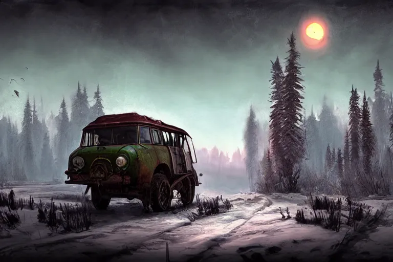 Prompt: [ uaz 3 9 0 9 bukhanka ] driving beside the syberian railroad, epic fantasy, winter, the elder scrolls v : skyrim, dramatic lighting, establishing shot, by simon stalenhag