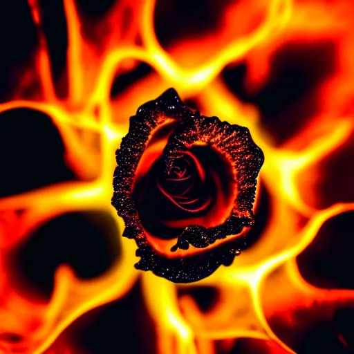 Image similar to award - winning macro of a beautiful black rose made of glowing molten magma