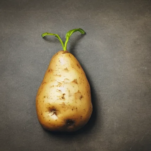 Prompt: potato with face, legs and arms, on a wooden table