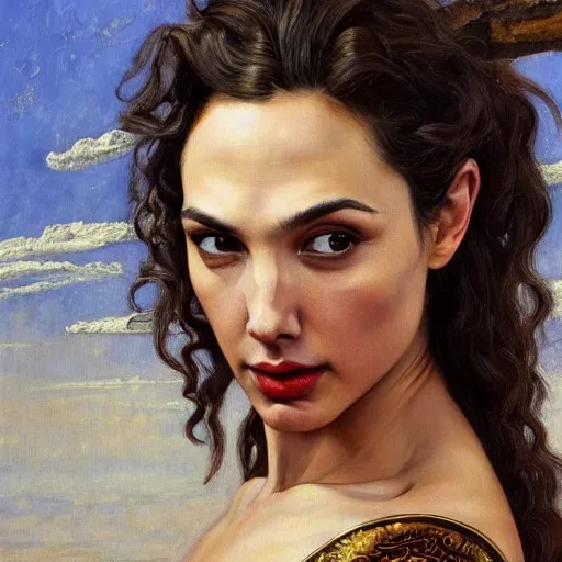 Image similar to Oil painting of the beautiful woman Gal Gadot, she is wearing some withe ancient greek cloths and a surreal ornate, her hair is natural disheveled, naturalism, dramatic lighting, high-detailed oil painting by Ilya Repin, Michelangelo da Caravaggio, William Blake, Alex Grey and Beksinski, trending on Artsatio, masterpiece, 4k, 8k,