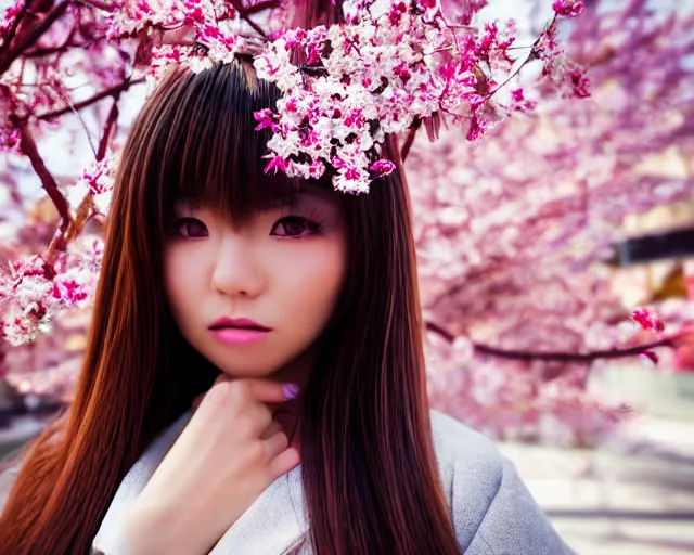 Prompt: close up portrait of an japanese gyaru with beautiful face and modern clothes, sakura blooming in the background, bokeh, depth of field, dramatic lighting, cinematic, vivid colors, matte painting, vivid color scheme