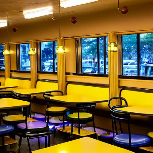 Prompt: inside of a greasy diner, yellow lighting, late night, photo