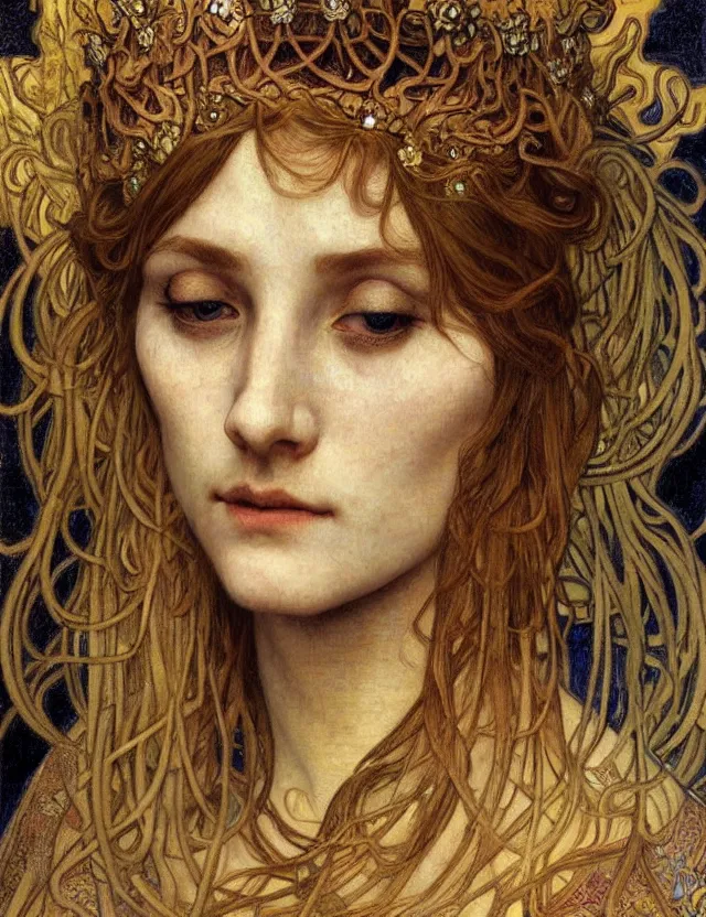 Image similar to detailed realistic beautiful young medieval queen face portrait by jean delville, alphonse mucha, vincent van gogh, and marco mazzoni, art nouveau, symbolist, visionary, gothic, pre - raphaelite