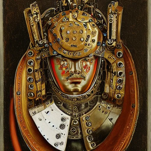 Image similar to a portrait of a shiny metallic renaissance steampunk robot, in the style of Jan van Eyck,