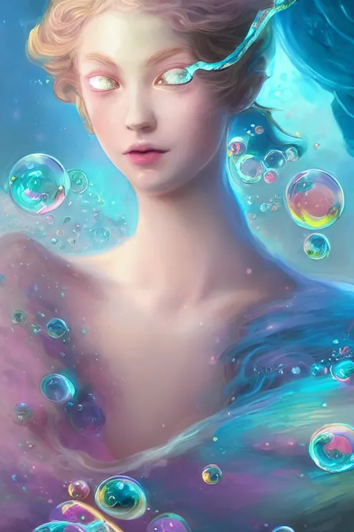 Prompt: portrait of triton , fantasy, space nebulla, gradiant black pink cyan, dreamy and ethereal, blue eyes, golden ratio, peaceful expression, ornate frilly dress, fantasy, intricate, elegant, rainbow bubbles, highly detailed, digital painting, artstation, concept art, smooth,b sharp focus, illustration, art by artgerm and greg rutkowski and alphonse mucha