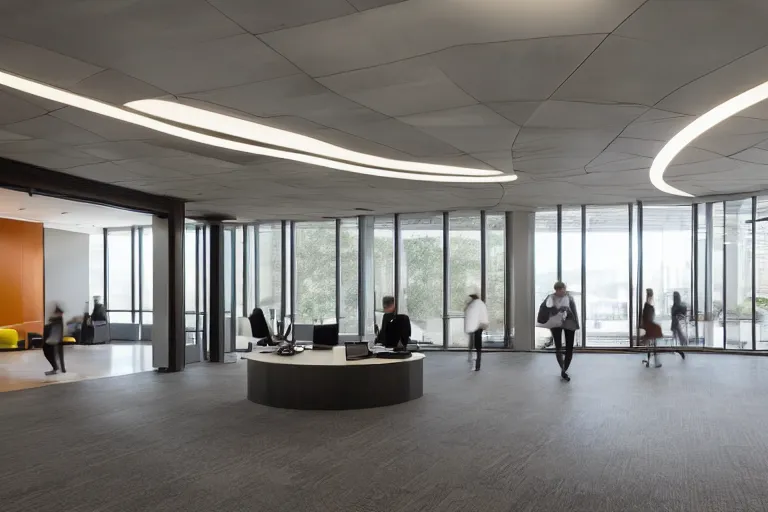 Prompt: a beautiful office building lobby with sleek modern design by gensler and large windows