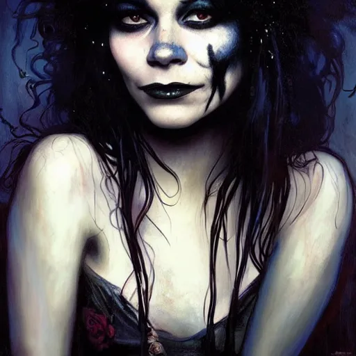 Image similar to beautiful portrait of vanessa hudgens as death from sandman, smiling, by cedric peyravernay, alphonse mucha, by jeremy mann, by lecouffe deharme, goth chic, soft lightning, eyeliner, punk rock, high detailed, 8 k