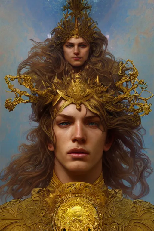 Prompt: young male god of sun, gold hair, gold eyes, tanned skin, fantasy, intricate, highly detailed, digital painting, artstation, concept art, smooth, sharp focus, art by art by Artem Demura and Alphonse Mucha, ArtGerm, valentina remenar, ruan jia