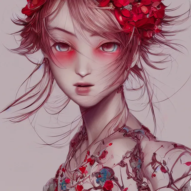 Image similar to studio portrait absurdly beautiful, elegant, graceful, young hypercolorful sensual anime gravure idol rubies and red petals, ultrafine hyperrealistic detailed face illustration by kim jung gi, irakli nadar, intricate linework, sharp focus, bright colors, matte, octopath traveler, final fantasy, unreal engine highly rendered, global illumination, radiant light, intricate environment