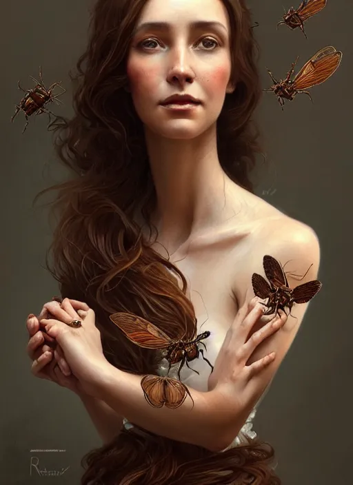 Image similar to portrait of a woman with brown hair wearing a flowing dress, holding her hands out, tattoos of insects, intricate, elegant, highly detailed, digital painting, artstation, concept art, smooth, sharp focus, illustration, art by wlop, mars ravelo and greg rutkowski