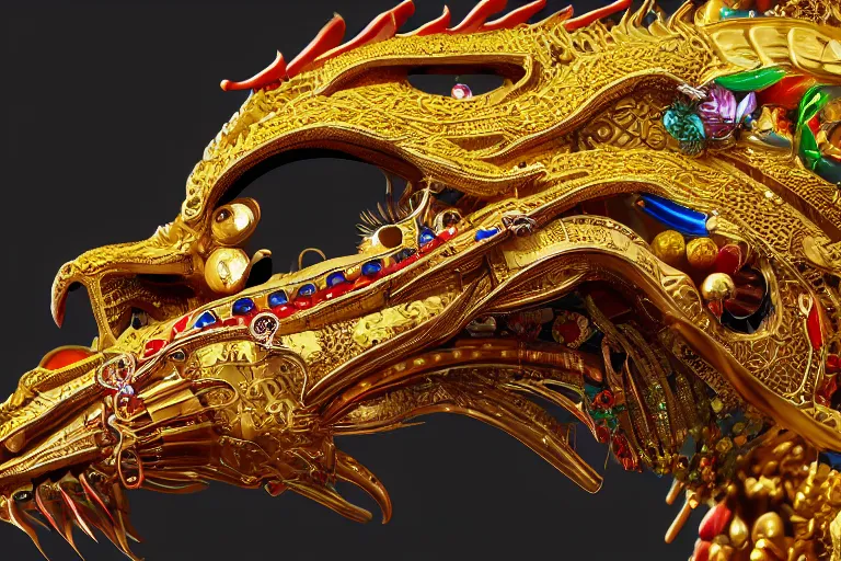 Prompt: cinematic closeup portrait of a golden chinese dragon intricately decorated with colorful jewels, bokeh, sunlit, godrays, detailed textures, dramatic lighting, unreal engine, cgsociety, artstation, 4k