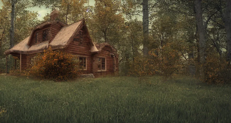 Prompt: cottage in the woods, windy autumn day, peaceful environment, overgrown forest, classic wodden architecture, wooden fence, 3d render, unreal engine, trending on artstation, cgnation, by senior 3D artist