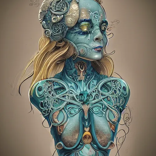 Image similar to blonde girl in a cosmic dress, full-body tattoos, ornate, rococo, grotesque, zbrush art, majestic, organics, silver filigree, colorful, dark fantasy, celtic knot, anatomical, h r giger style, moebius, frank frazetta, ornate, art nouveau, symmetrical, turquoise jewelry, red smoke, roses, unbiased render, rotten, Emil melmoth, eerie, macabre, haunting + insanely detailed and intricate, floral, faded pink, hypermaximalist, elegant, vintage, hyper realistic, super detailed, pastel colors,