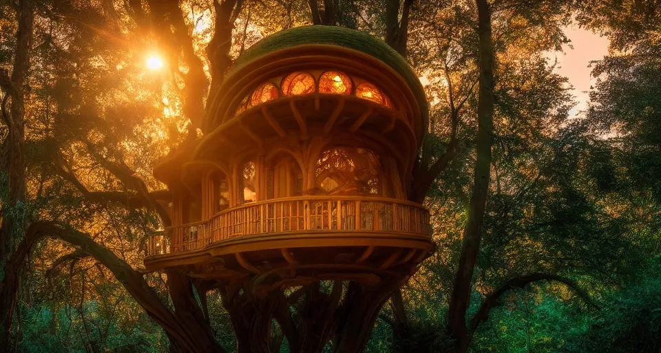 Image similar to An incredibly beautiful scene from a 2022 sci-fi film featuring a cozy art nouveau reading nook inside a fantasy treehouse. Golden Hour. 8K UHD.